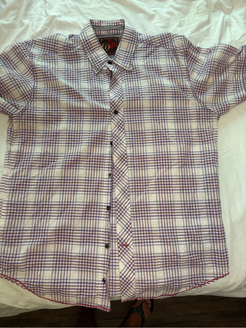 EQ Men’s Purple Plaid Cotton Shirt Rooster Embroidered Contrast Stitching